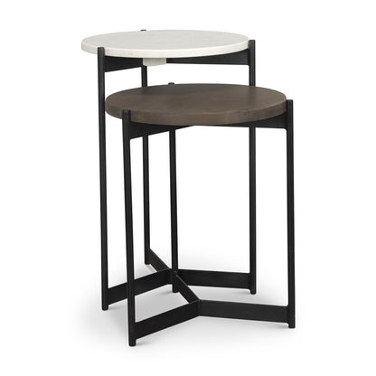 Set of Two Dark Brown and Black Marble Solid Wood and Metal Round Nested Tables HomeRoots
