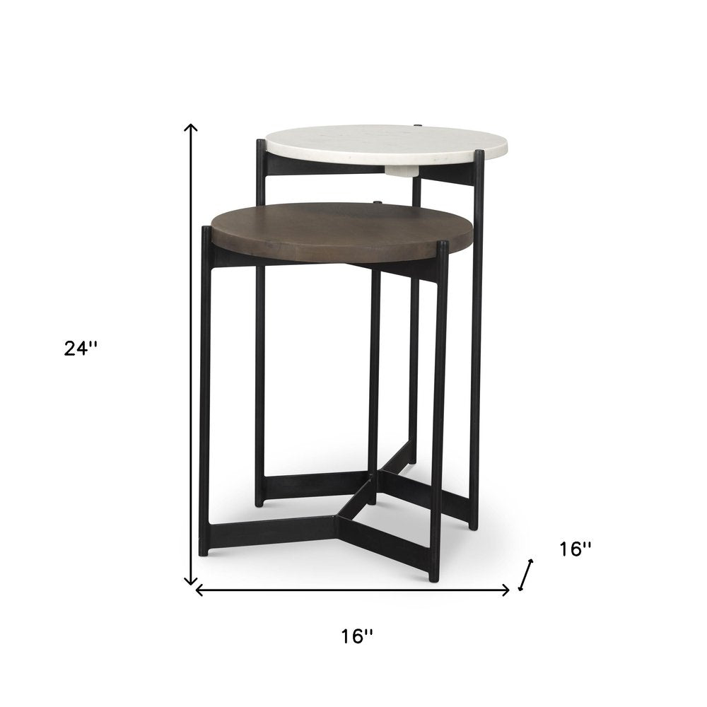 Set of Two Dark Brown and Black Marble Solid Wood and Metal Round Nested Tables HomeRoots