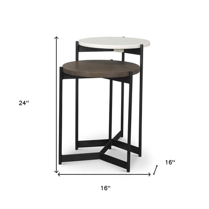 Set of Two Dark Brown and Black Marble Solid Wood and Metal Round Nested Tables HomeRoots