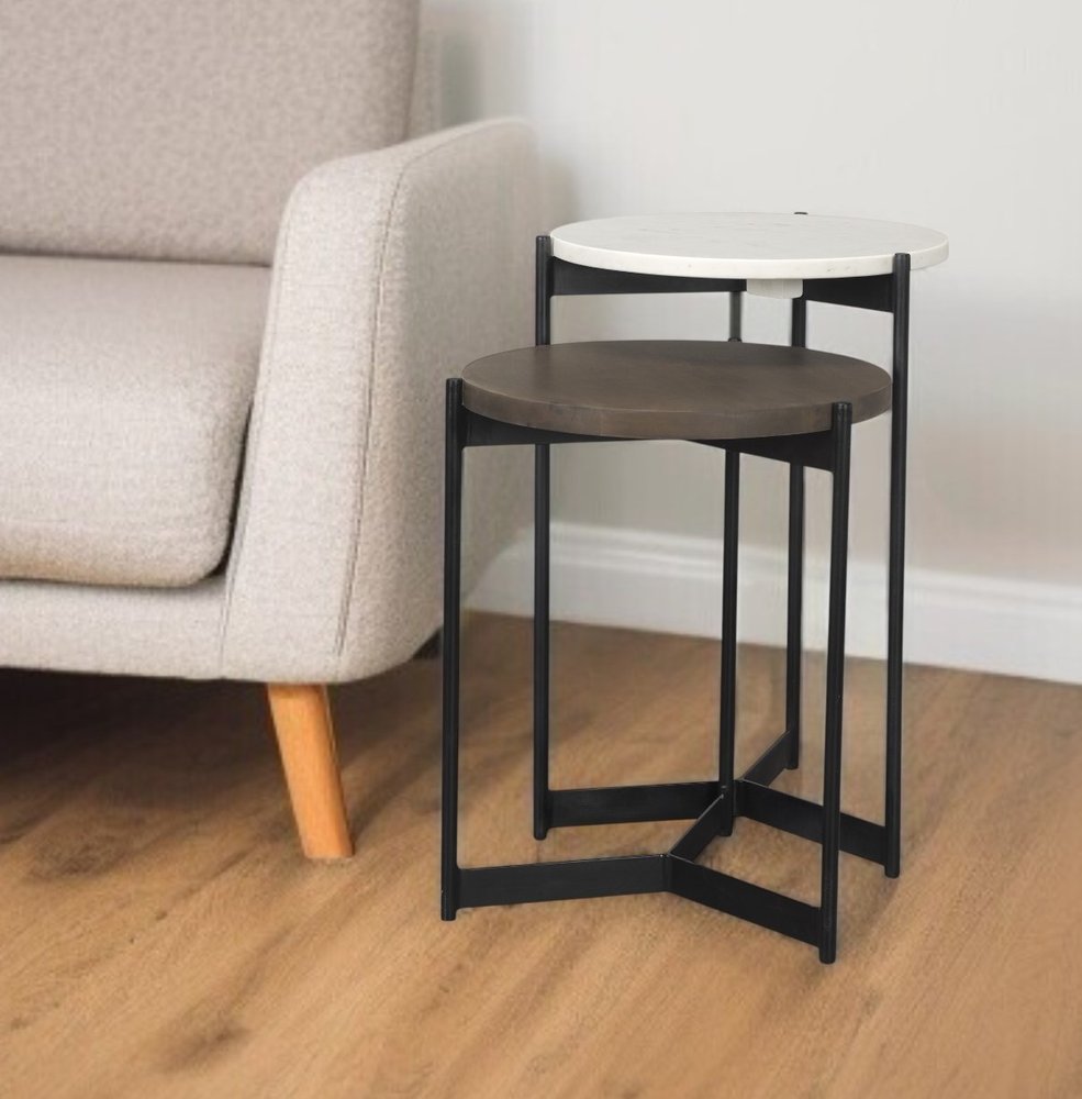 Set of Two Dark Brown and Black Marble Solid Wood and Metal Round Nested Tables HomeRoots