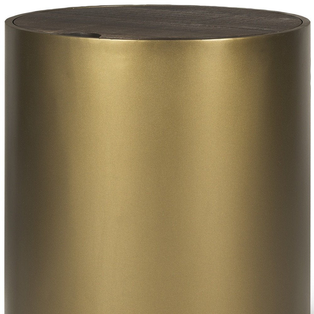 22" Antiqued Gold And Brown Metal And Solid Wood Drum End Table With Storage HomeRoots