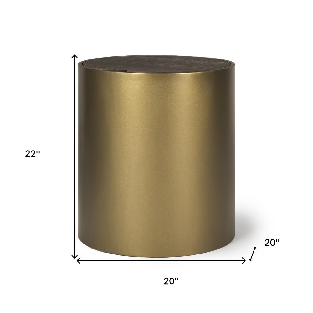 22" Antiqued Gold And Brown Metal And Solid Wood Drum End Table With Storage HomeRoots