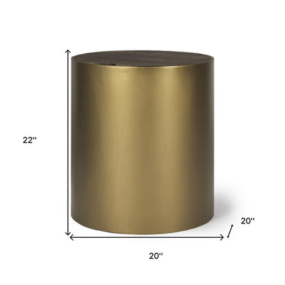 22" Antiqued Gold And Brown Metal And Solid Wood Drum End Table With Storage HomeRoots