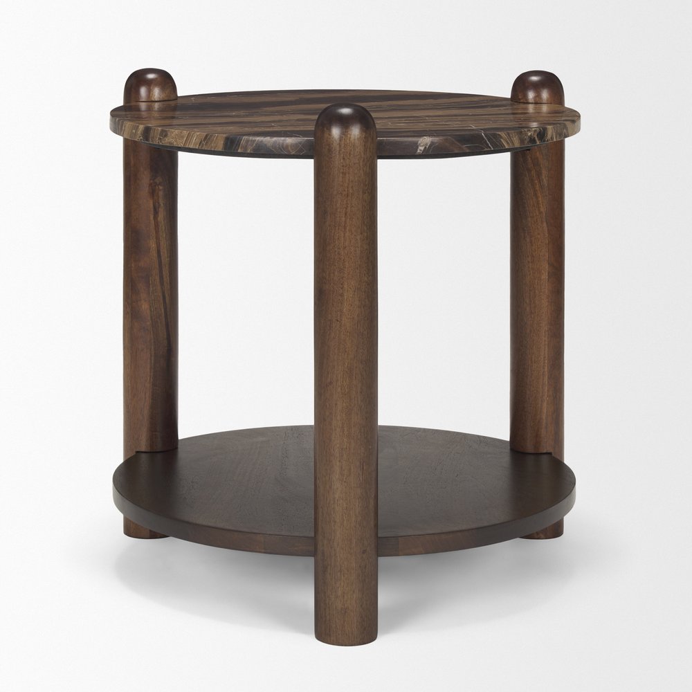 26" Brown Marble And Solid Wood End Table With Shelf HomeRoots