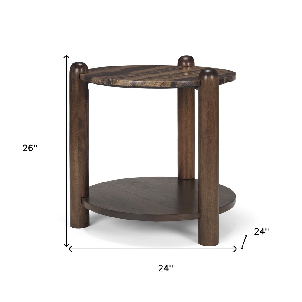 26" Brown Marble And Solid Wood End Table With Shelf HomeRoots