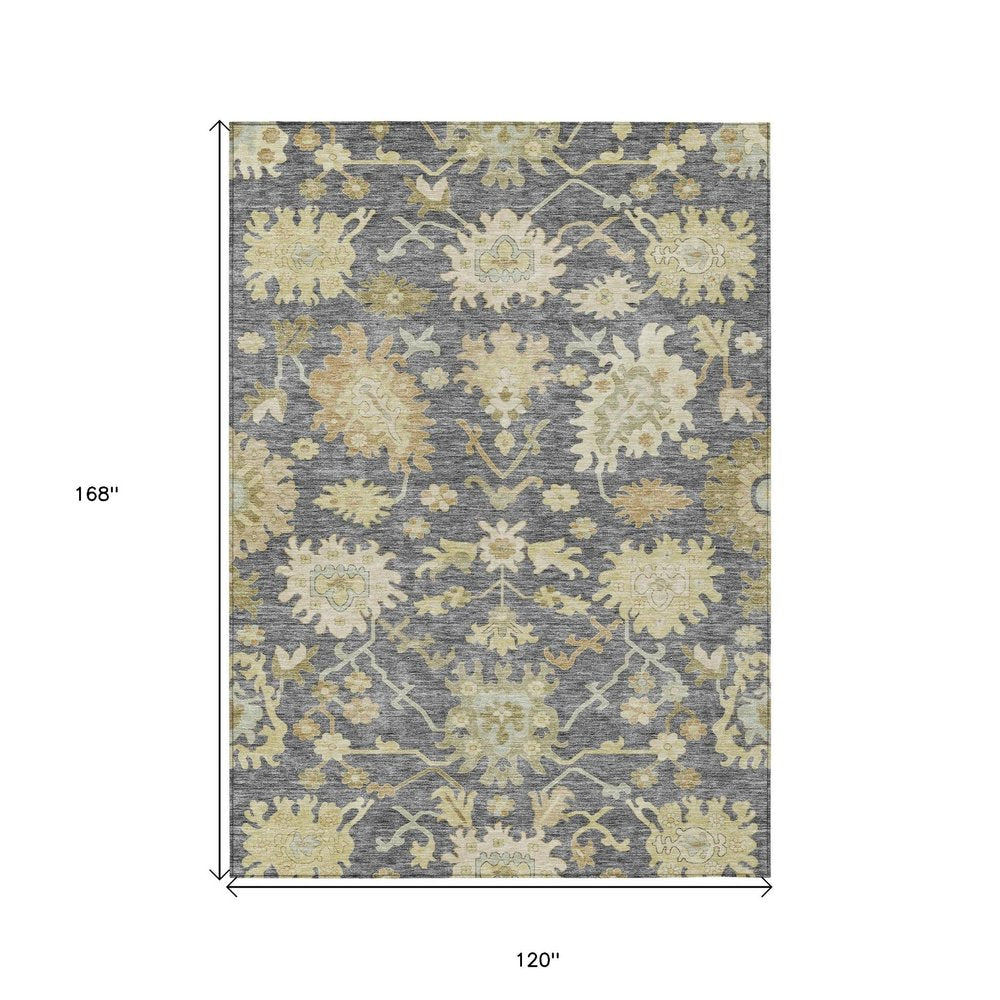 10' X 14' Gray Ivory And Green Floral Washable Indoor Outdoor Area Rug — view 7