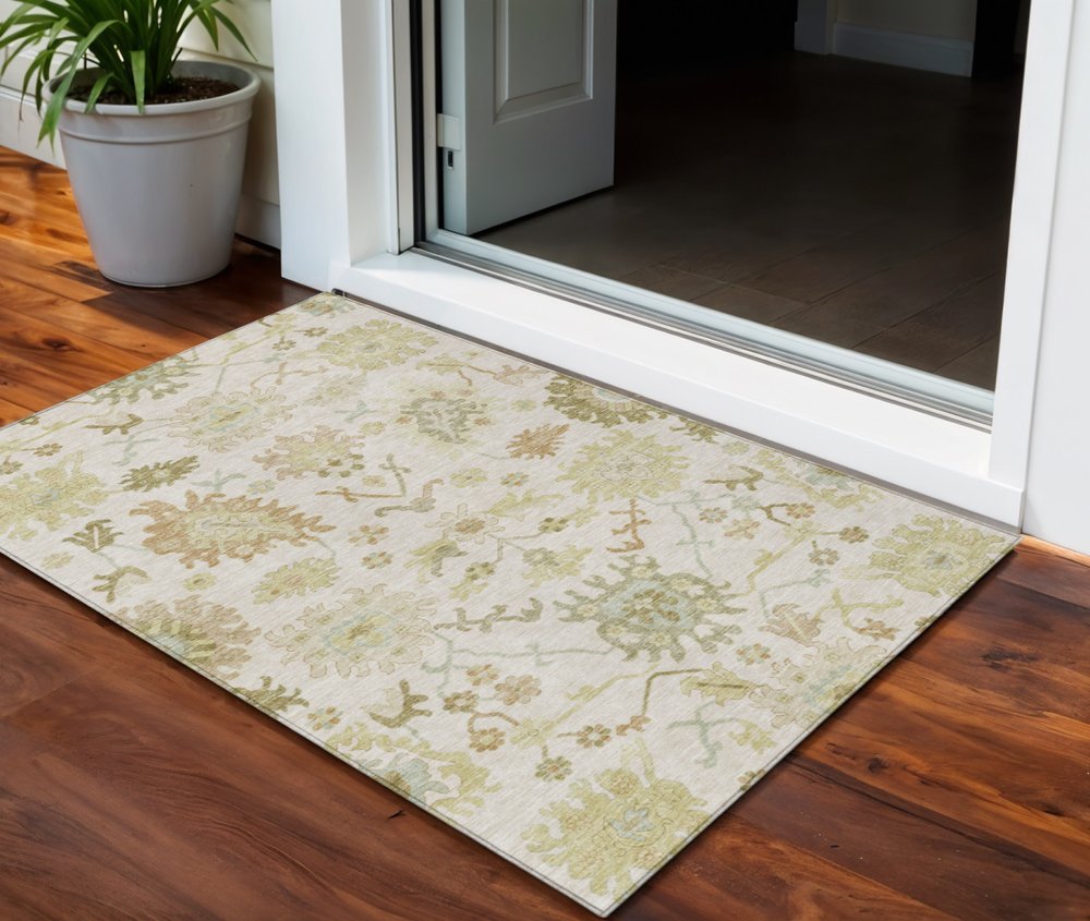 3' X 5' Ivory Green And Tan Floral Washable Indoor Outdoor Area Rug — view 8