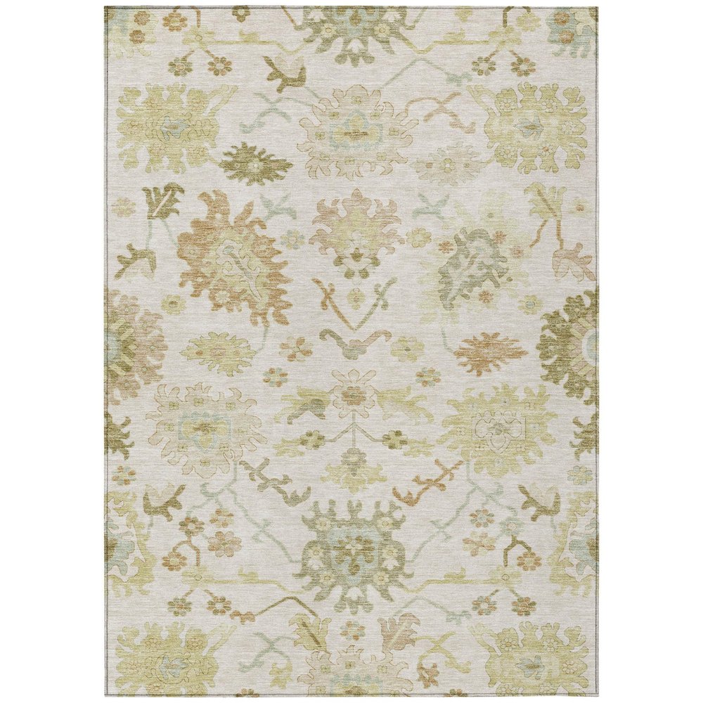 3' X 5' Ivory Green And Tan Floral Washable Indoor Outdoor Area Rug — view 1