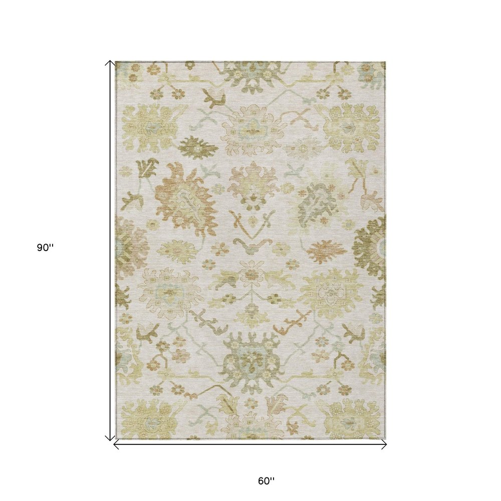 3' X 5' Ivory Green And Tan Floral Washable Indoor Outdoor Area Rug — view 14