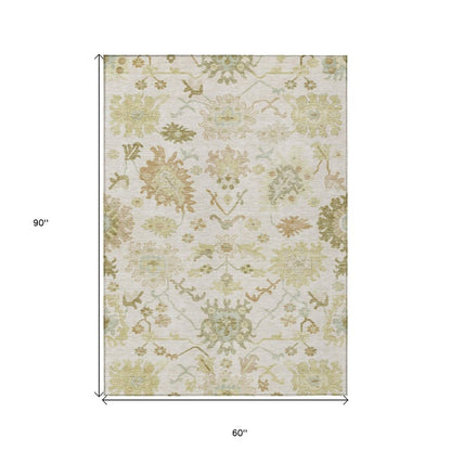 3' X 5' Ivory Green And Tan Floral Washable Indoor Outdoor Area Rug HomeRoots