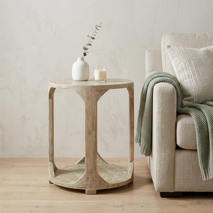 24" Natural Distressed Solid Wood Round Frame End Table With Shelf HomeRoots