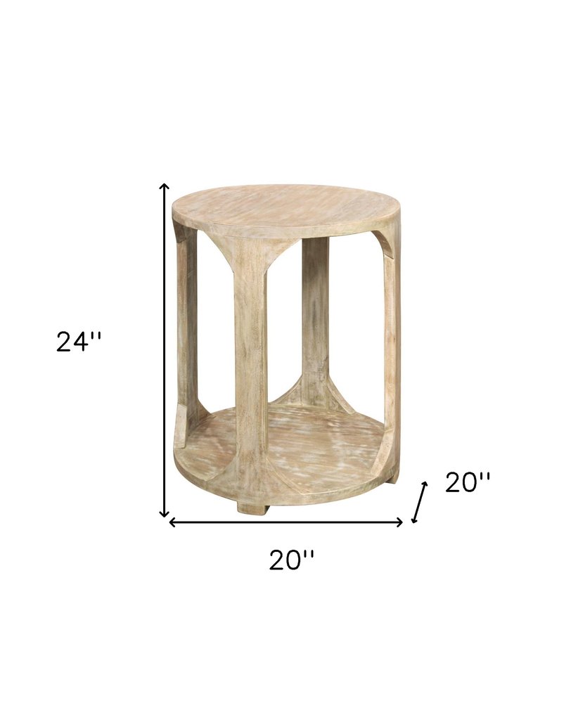 24" Natural Distressed Solid Wood Round Frame End Table With Shelf HomeRoots