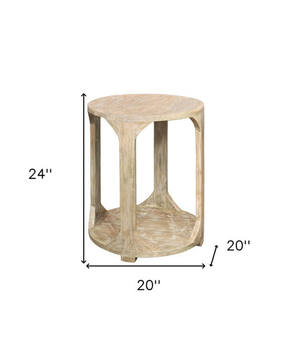 24" Natural Distressed Solid Wood Round Frame End Table With Shelf HomeRoots