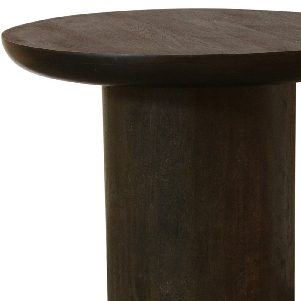 24" Dark Brown Distressed Solid Wood Round Pedestal End Table HomeRoots