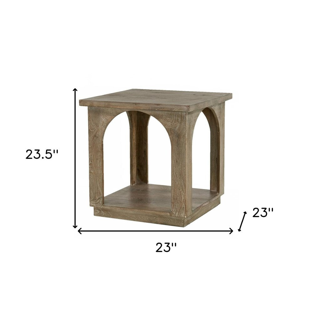 24" Brown Distressed Solid Wood Square Floor Shelf End Table HomeRoots