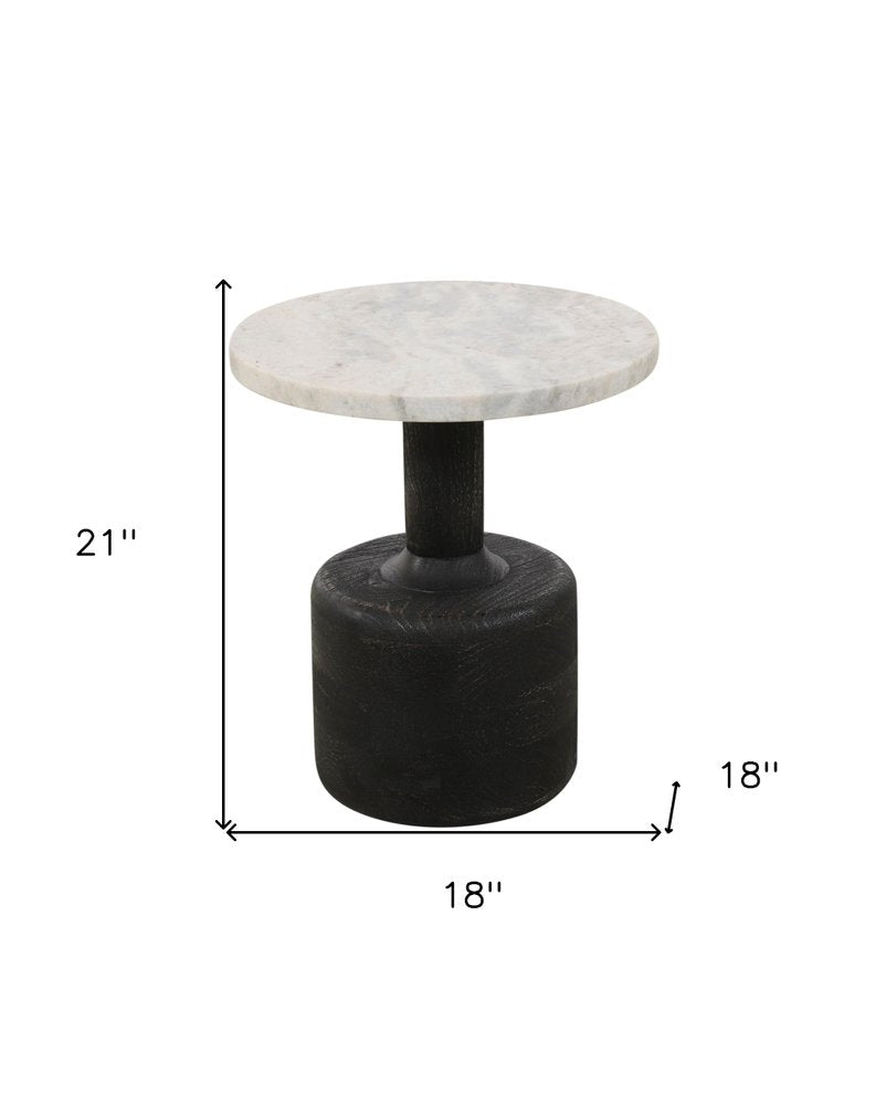 21" White and Black Distressed Marble and Solid Wood Round Pedestal End Table HomeRoots