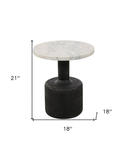 21" White and Black Distressed Marble and Solid Wood Round Pedestal End Table HomeRoots