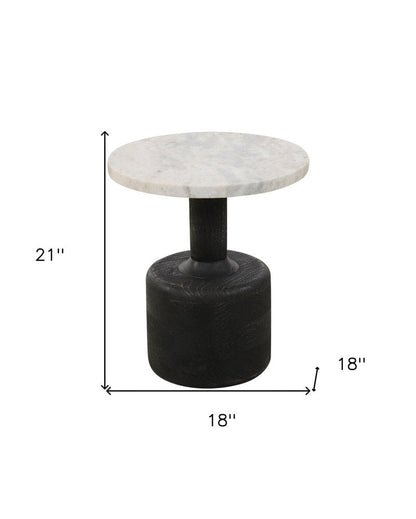 21" White and Black Distressed Marble and Solid Wood Round Pedestal End Table HomeRoots
