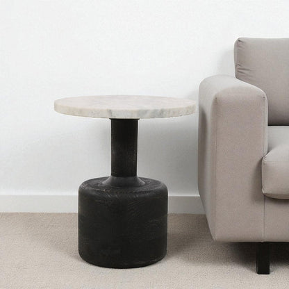 21" White and Black Distressed Marble and Solid Wood Round Pedestal End Table HomeRoots