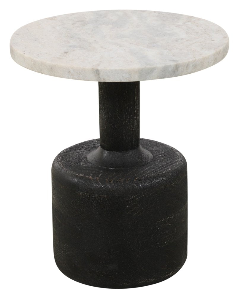 21" White and Black Distressed Marble and Solid Wood Round Pedestal End Table HomeRoots