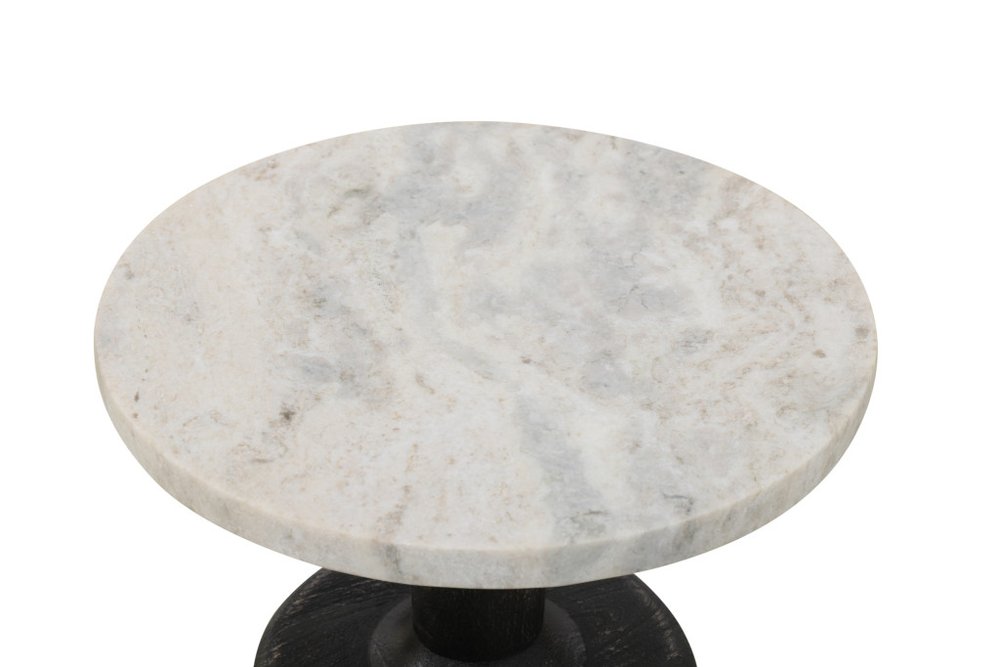 21" White and Black Distressed Marble and Solid Wood Round Pedestal End Table HomeRoots