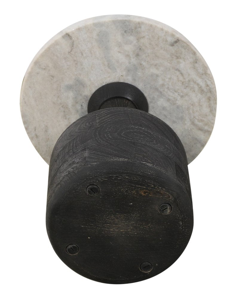 21" White and Black Distressed Marble and Solid Wood Round Pedestal End Table HomeRoots