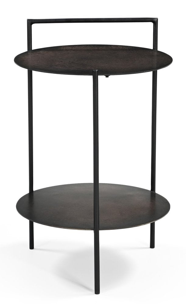 22" Antiqued Bronze and Black Distressed Iron Round End Table With Shelf — view 1