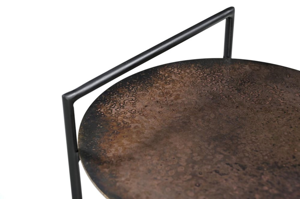 22" Antiqued Bronze and Black Distressed Iron Round End Table With Shelf — view 7