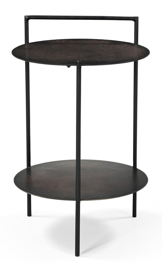 22" Antiqued Brass and Black Iron Round End Table With Shelf