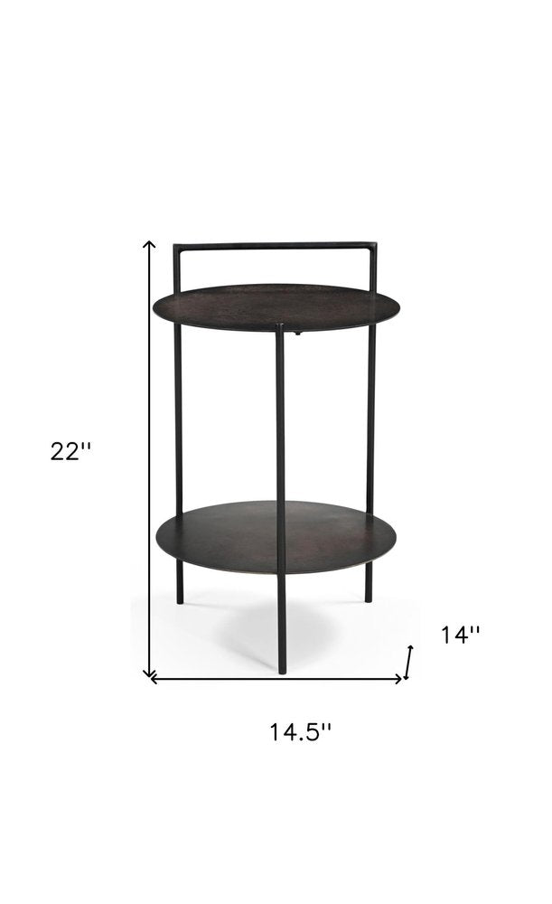 22" Antiqued Bronze and Black Distressed Iron Round End Table With Shelf — view 3