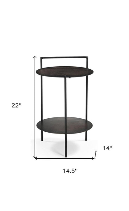 22" Antiqued Bronze and Black Distressed Iron Round End Table With Shelf