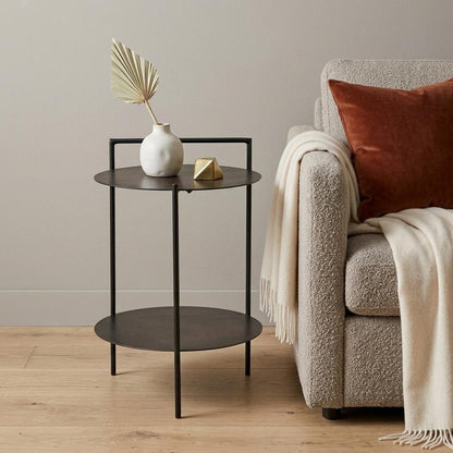 22" Antiqued Bronze and Black Distressed Iron Round End Table With Shelf HomeRoots