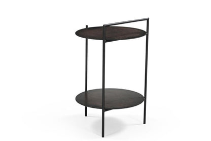 22" Antiqued Bronze and Black Distressed Iron Round End Table With Shelf