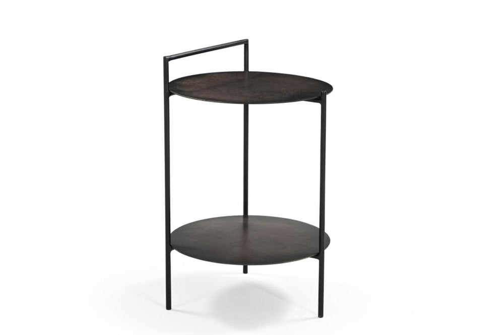 22" Antiqued Bronze and Black Distressed Iron Round End Table With Shelf — view 6