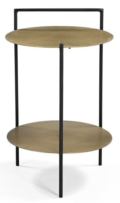 22" Antiqued Bronze and Black Distressed Iron Round End Table With Shelf