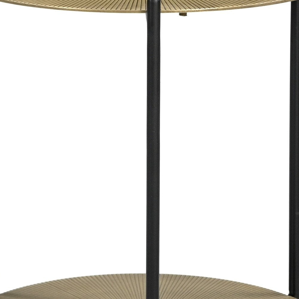 22" Antiqued Bronze and Black Distressed Iron Round End Table With Shelf