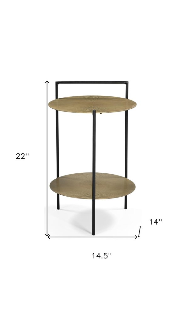 22" Antiqued Bronze and Black Distressed Iron Round End Table With Shelf HomeRoots