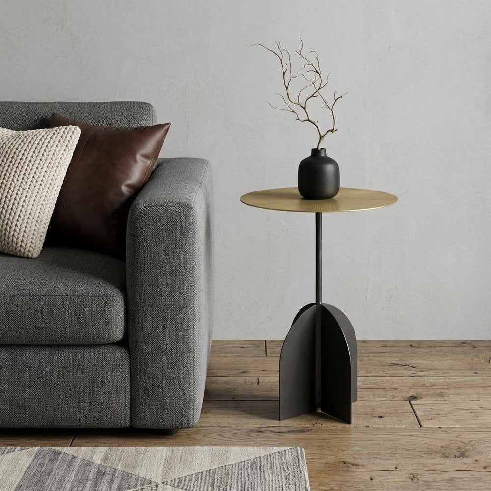 23" Brass Brass and Black Iron Round Pedestal End Table — view 6