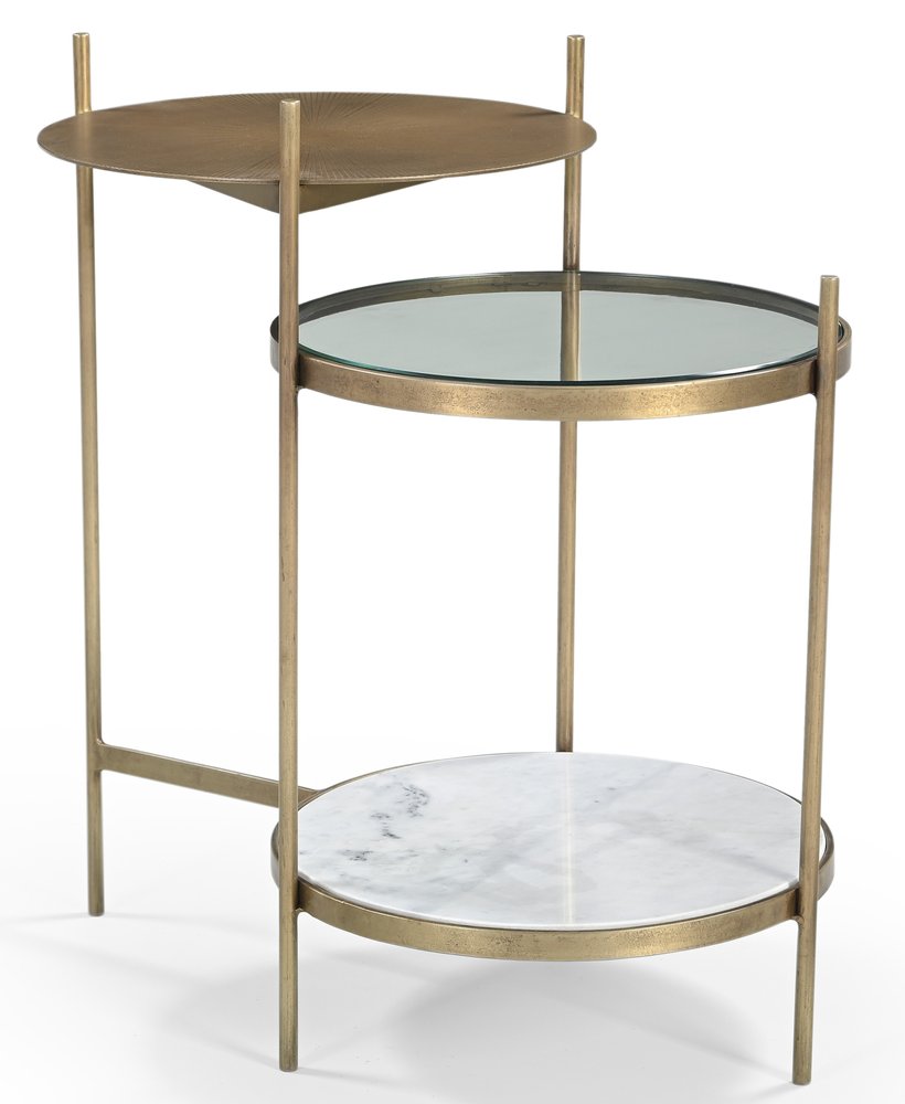 24" Brass Clear And White Iron Glass And Marble Round End Table With Two Shelves HomeRoots
