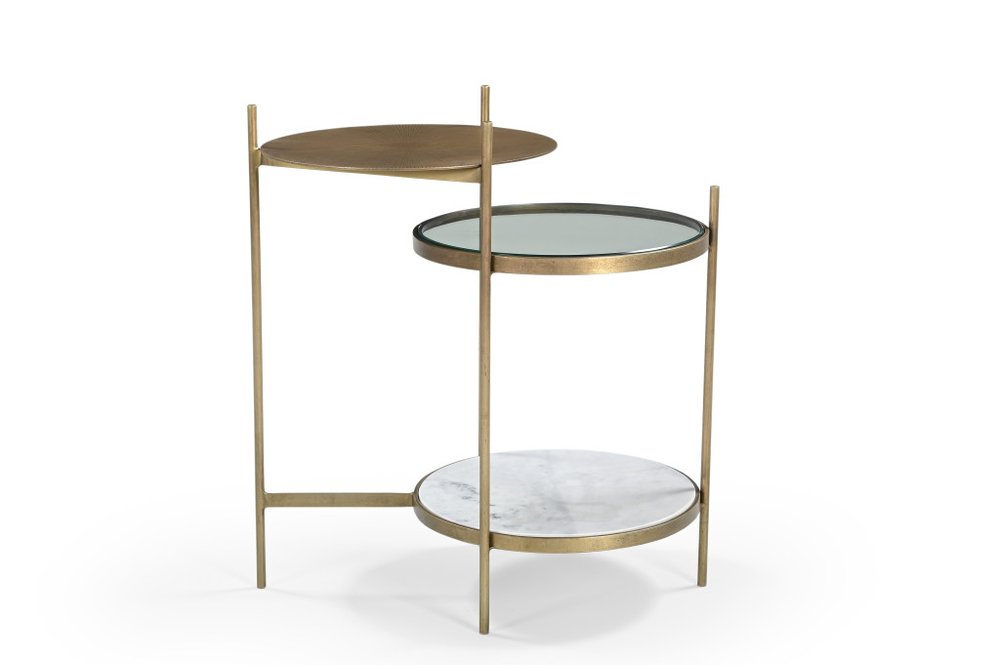 24" Brass Clear And White Iron Glass And Marble Round End Table With Two Shelves — view 2