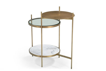 24" Brass Clear And White Iron Glass And Marble Round End Table With Two Shelves HomeRoots
