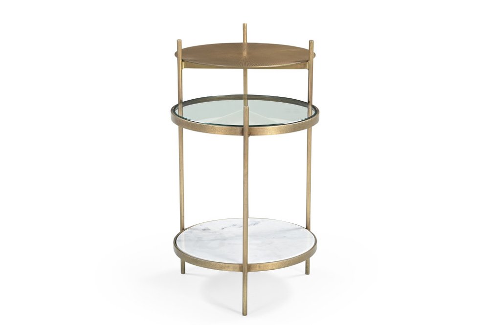 24" Brass Clear And White Iron Glass And Marble Round End Table With Two Shelves HomeRoots