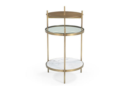 24" Brass Clear And White Iron Glass And Marble Round End Table With Two Shelves HomeRoots