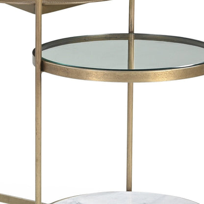 24" Brass Clear And White Iron Glass And Marble Round End Table With Two Shelves HomeRoots