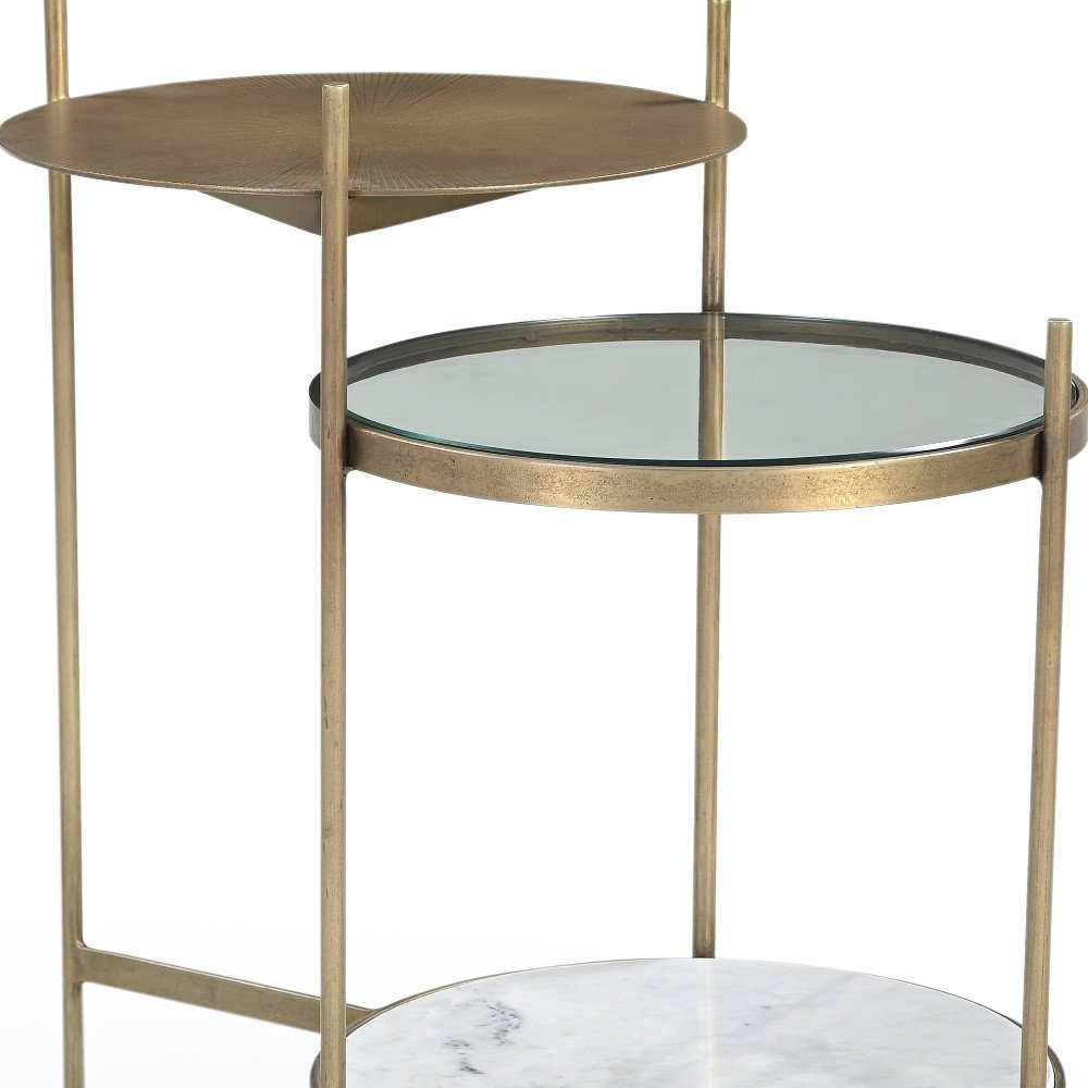 24" Brass Clear And White Iron Glass And Marble Round End Table With Two Shelves — view 7