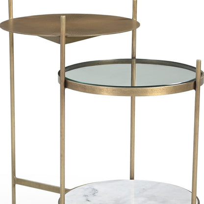 24" Brass Clear And White Iron Glass And Marble Round End Table With Two Shelves HomeRoots