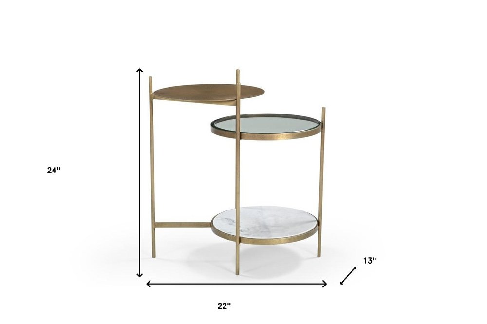 24" Brass Clear And White Iron Glass And Marble Round End Table With Two Shelves HomeRoots
