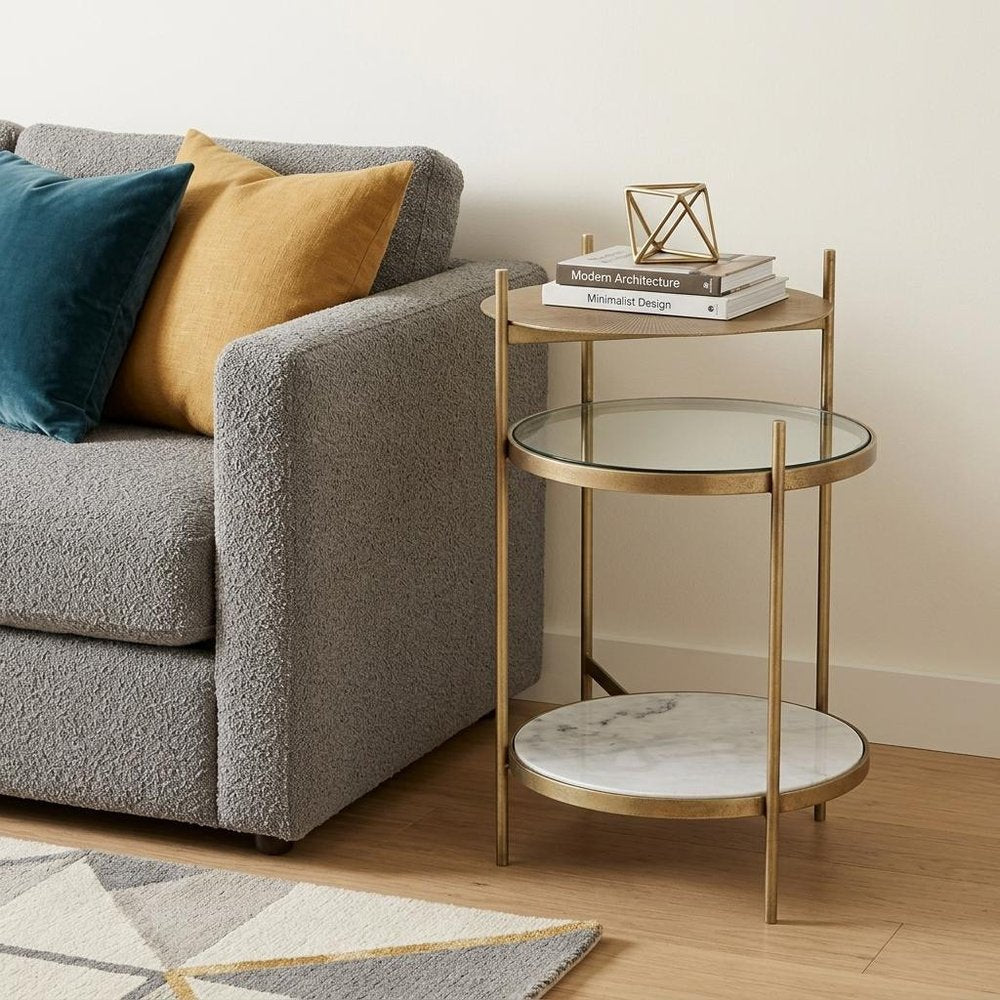 24" Brass Clear And White Iron Glass And Marble Round End Table With Two Shelves — view 9