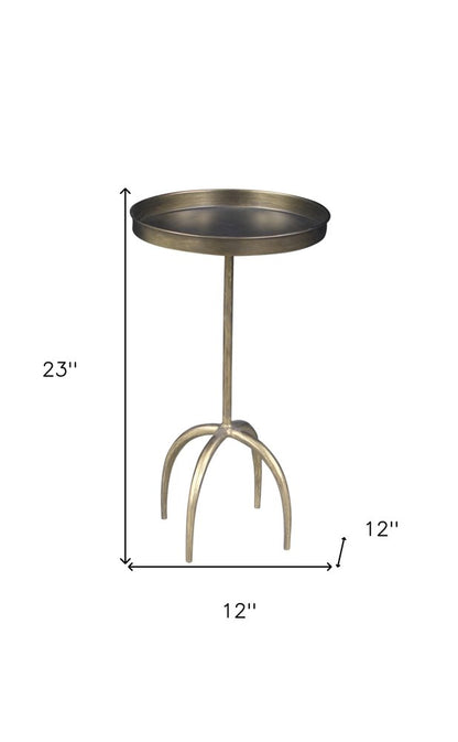 23" Brass Distressed Iron Round Pedestal Tray Top End Table HomeRoots