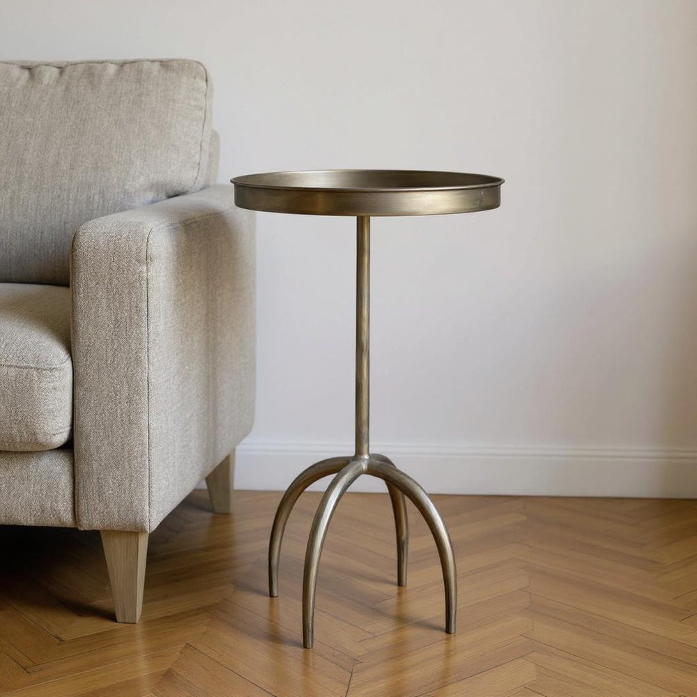 23" Brass Distressed Iron Round Pedestal Tray Top End Table HomeRoots